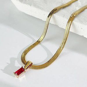 18k Gold Plated Square Red Cubic Zirconia Pendant Necklace